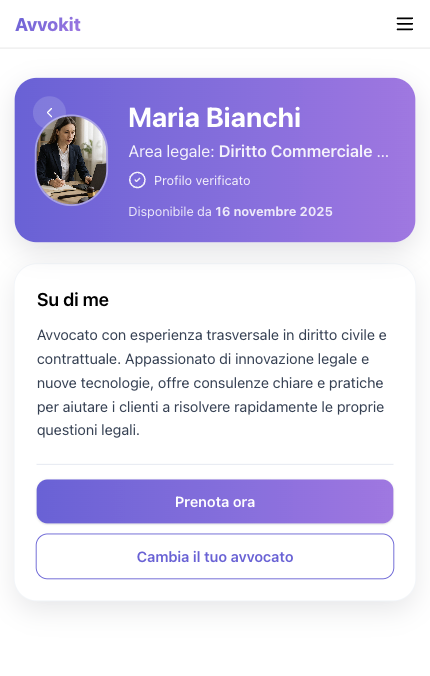 Schermata con l'avvocato suggerito da Avvokit